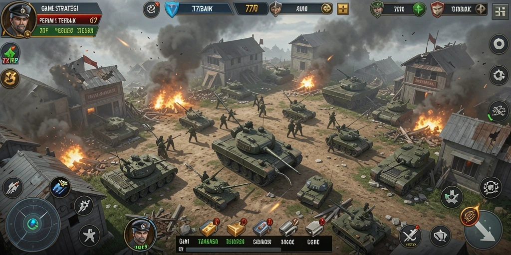 Tangkapan layar gameplay 77RP yang menampilkan pertempuran strategis.