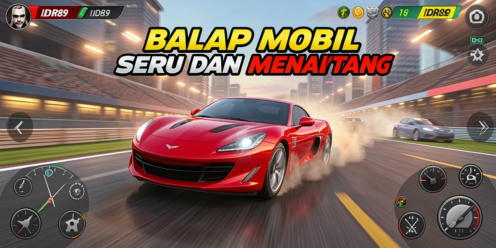 Gameplay seru IDR89 dengan mobil balap cepat dan trek menantang.