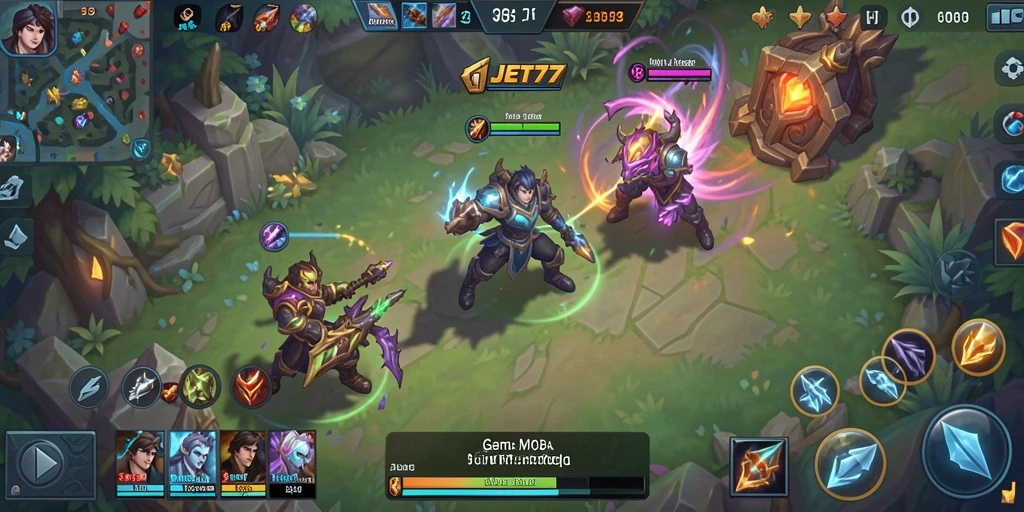 Screenshot gameplay JET77 yang menampilkan aksi seru dalam pertandingan MOBA.