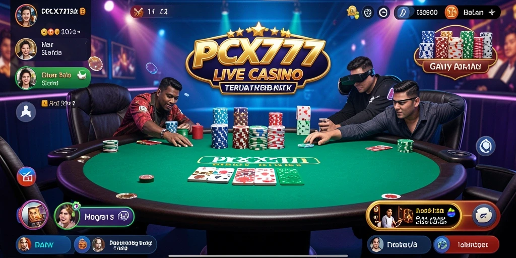Screenshot PCX777 menampilkan gameplay Live Casino yang mendebarkan.