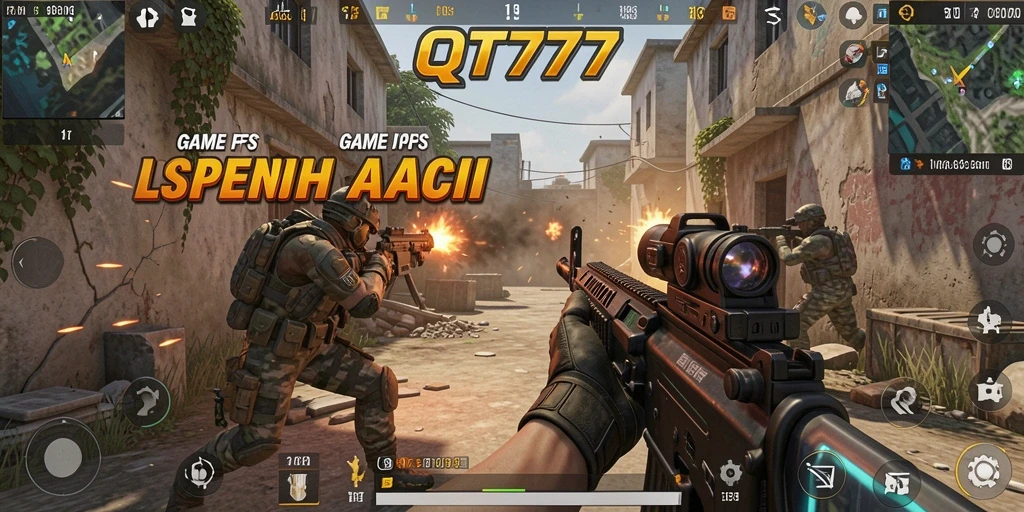 Tangkapan layar utama dari gameplay QT777 menampilkan aksi seru dalam pertempuran FPS.