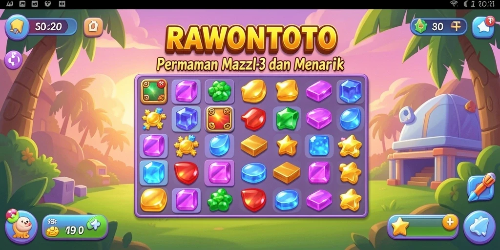 Tampilan menarik gameplay RAWONTOTO dengan misi mencocokkan permata.