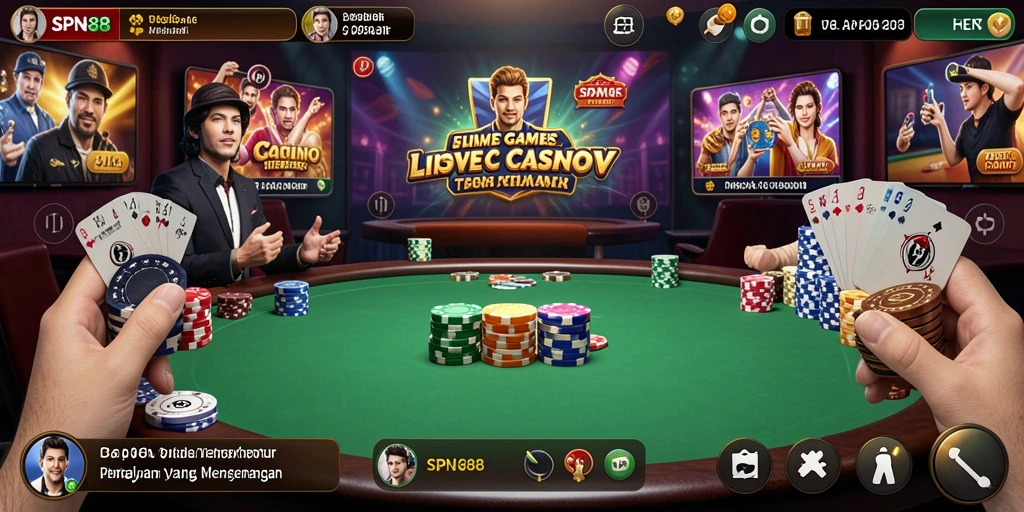 Tampilan gameplay SPN88 dengan dealer langsung di meja kasino.