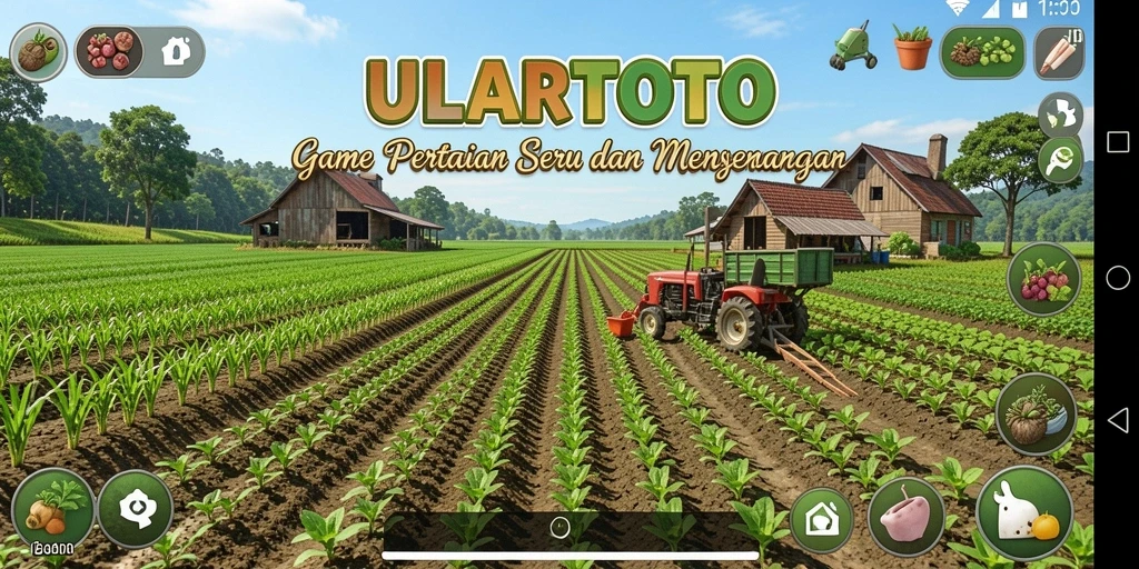 Tampilan gameplay ULARTOTO dengan kebun yang subur dan hewan ternak.